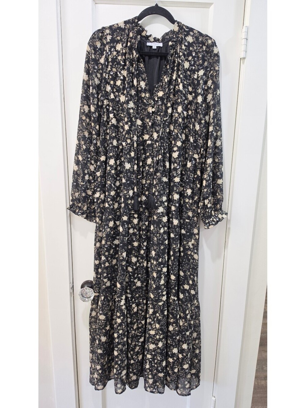 Polagram Black Floral Long Sleeve Maxi Dress Large